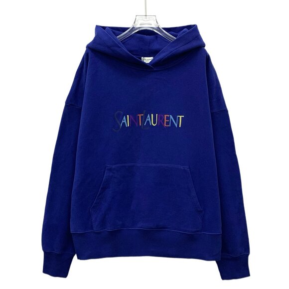 EW0042 Saint Laurent Dark Blue Letter Printed Cotton Hooded Long Sleeve Sweatshi - Picture 1 of 8